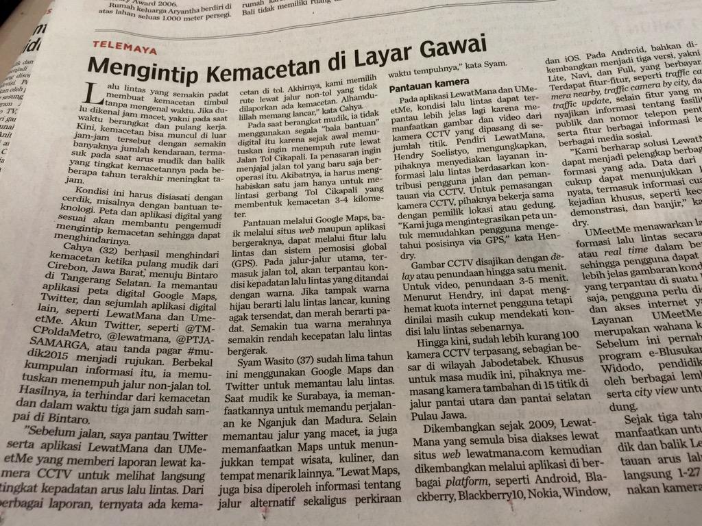 A_Sugiarto2015's tweet image. TELEMAYA,Cahya (32) berhasil hindari macet dg GoogleMaps,Twitter,apps digital LewatMana&amp;amp;'UmeetMe'.TKS @hariankompas😘👍