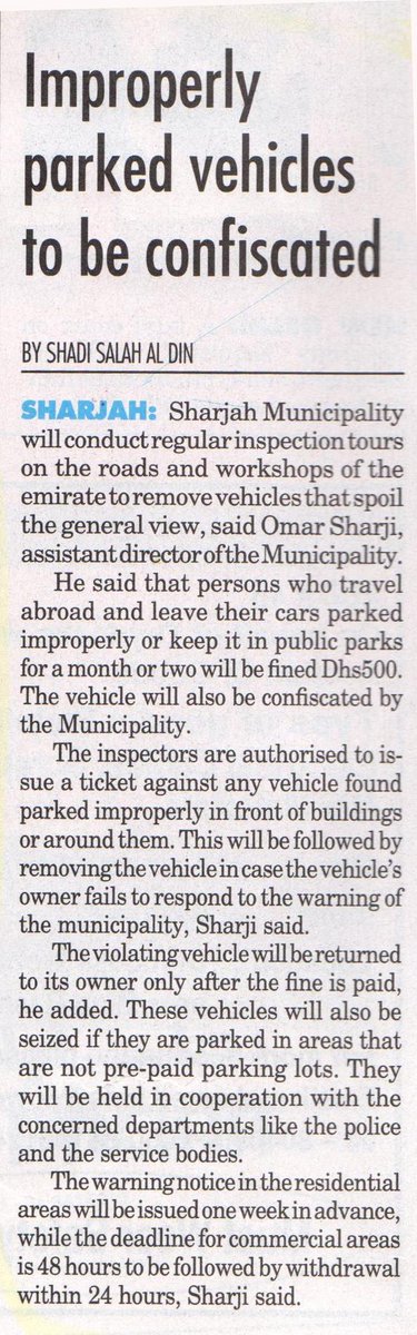 ShjMunicipality's tweet photo. Improperly parked vehicles to be confiscated
#UAE #Sharjah #Shjmun http://t.co/CuWm4UvQyO