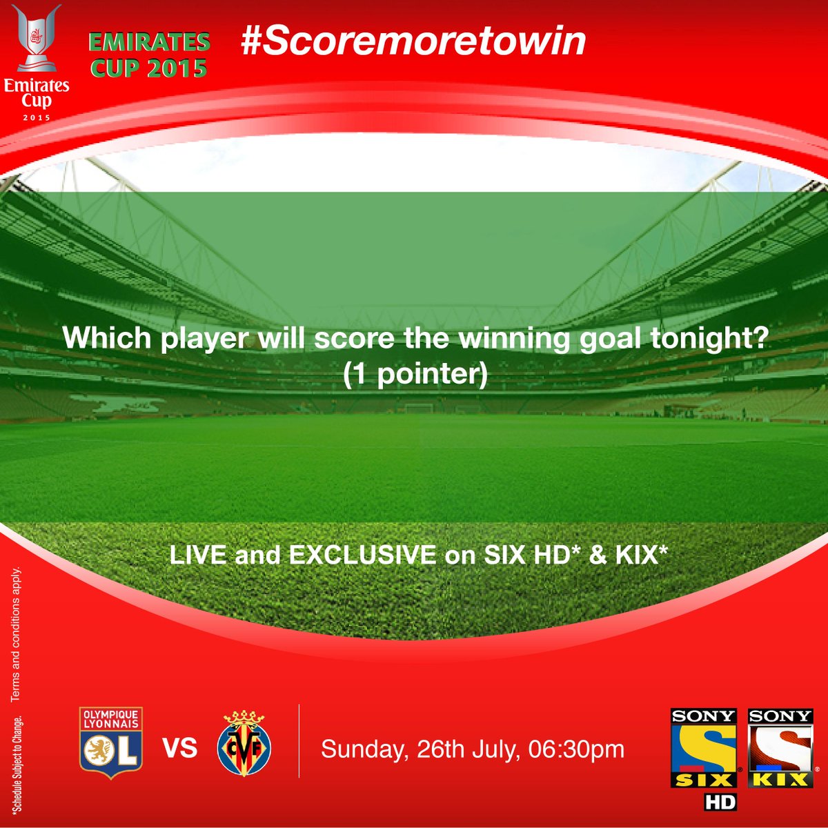 SonySportsNetwk's tweet photo. Here's the Q5 of the day! (1 pt). Watch @OL vs. @VillarrealCF NOW by tuning in to SIX HD & KIX. #ScoreMoreToWin http://t.co/Gc7agYK2j9