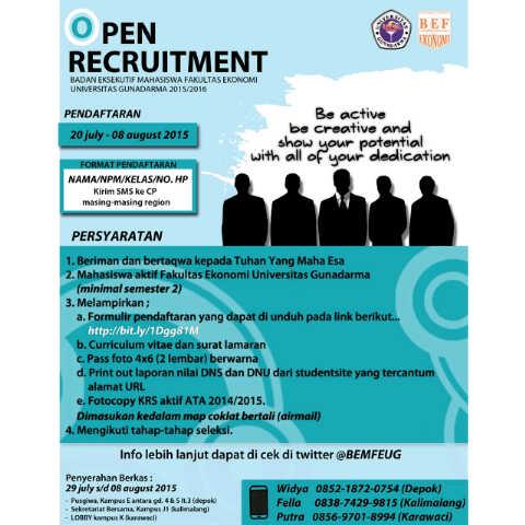 Kesempatan bagi rekan-rekan mahasiswa yang berminat untuk ikut serta dalam keanggotaan BEM FE UG periode 2015-2016.