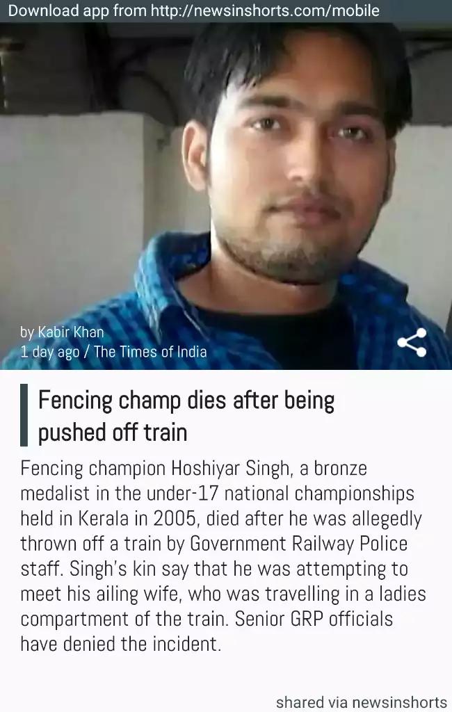 QuestionKaushik's tweet photo. Another example of police brutality in India. Fencing champ dies after being pushed off train -via Newsinshorts http://t.co/DmjscHnveP