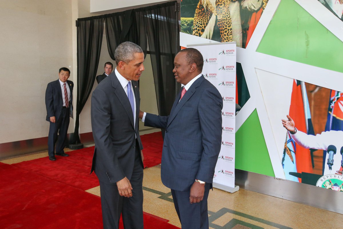 StateHouseKenya's tweet photo. President Uhuru Kenyatta at Safaricom Indoor Arena, Kasarani, when US President Barack Obama addressed the nation. http://t.co/IRkt6tbXSI