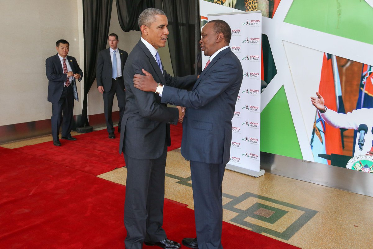 StateHouseKenya's tweet photo. President Uhuru Kenyatta at Safaricom Indoor Arena, Kasarani, when US President Barack Obama addressed the nation. http://t.co/IRkt6tbXSI