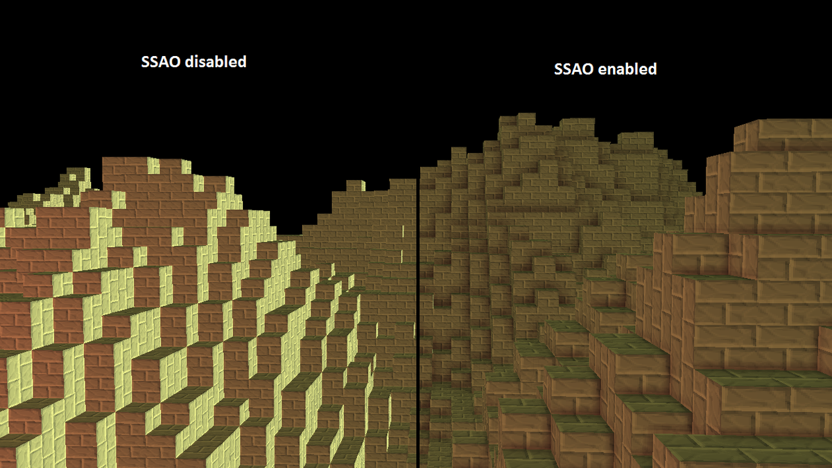 Radeusgd's tweet photo. Yay! Implemented SSAO in my #voxel renderer :) #gamedev http://t.co/4iIuvpk9td