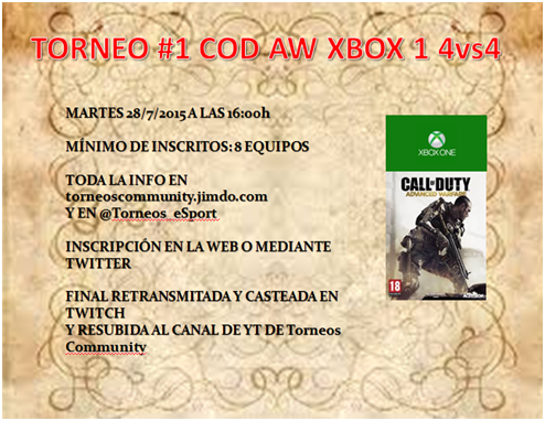 LeagueGamesWeek's tweet photo. Se abren inscripciones para el torneo 1 del ranking de COD AW X1 4vs4 @PeTeTe1_JoseARC @publiesports @ClubPrestigeQ http://t.co/Z5Z5o1cQKR