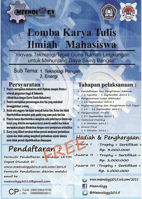 Yuk ikutan! Jangan sia-siakan libur panjang kita. Saatnya berkarya! LKTI. info: klik pagenya Meenology <a href="/Mesin_untidar/">HMM-FT-UNTIDAR</a>