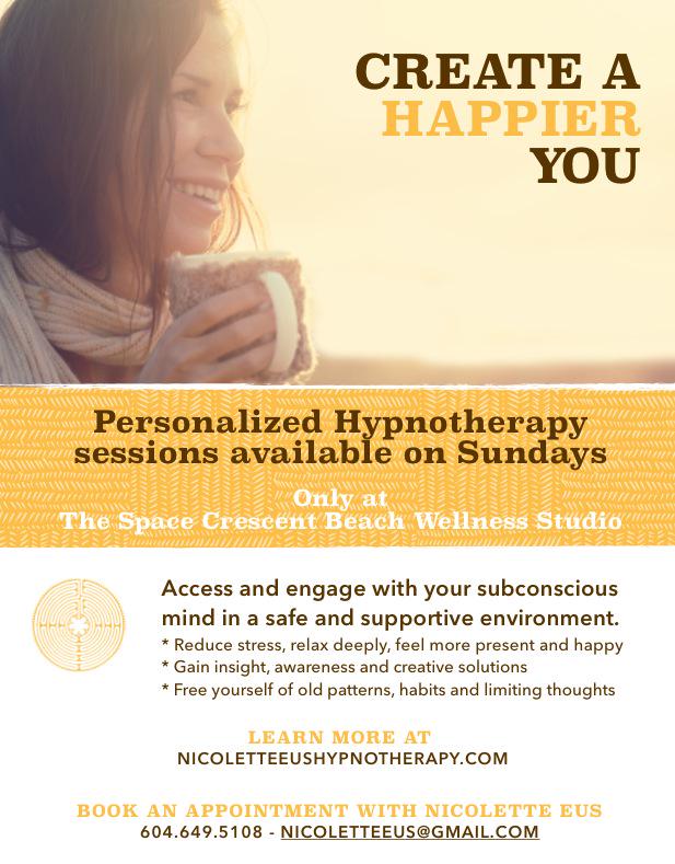 TheSpaceCB's tweet image. Create a happier you! Sundays @TheSpaceCB with @NicoletteEus facebook.com/thespacewellne… #happy #hypnotherapy #WhiteRock