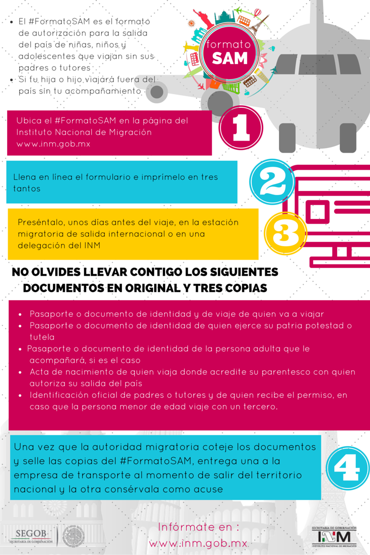 SEGOB_mx's tweet photo. Si una persona menor de edad va a salir del país sin sus padres o tutores requiere su #FormatoSAM. ¡Infórmate! http://t.co/u1r1NwRN6X