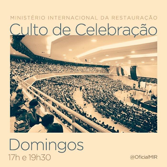 Te vejo hoje no <a href="/OficialMIR/">MIR Oficial</a>. Vamos adorar ao Eterno nos nossos Cultos de celebração, às 17h e 19h30.Beijo no coração.