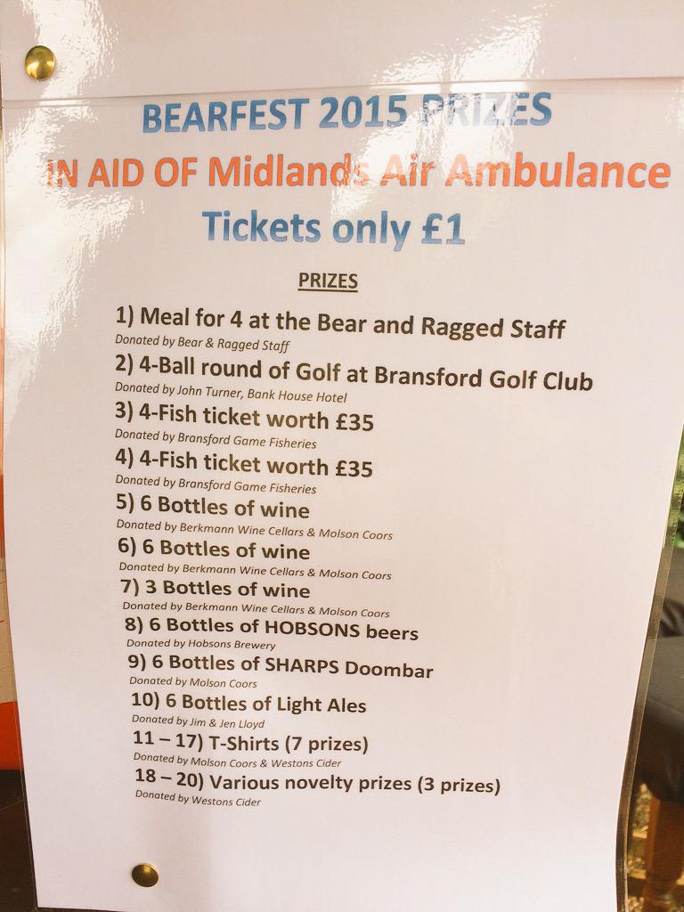 If you haven't already get your tickets for the raffle. 20 prizes up for grabs, all money to Midlands Air Ambulance.