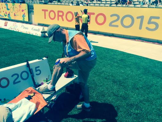 NovakKaz's tweet photo. Getting set to work @PJPeterpower lathering up before #PanAm soccer final in #HAMONT http://t.co/KV7qY6IzKZ