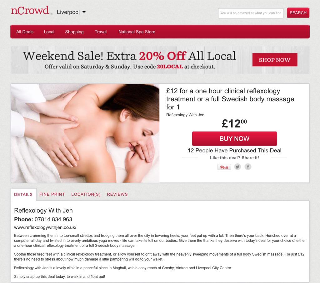 Jen_Reflexology's tweet photo. Only 1 hour left to buy an amazing NCrowd offer with an additional 20% off!! #RT #Reflexology @active_soccer http://t.co/mYV9s9fhzS