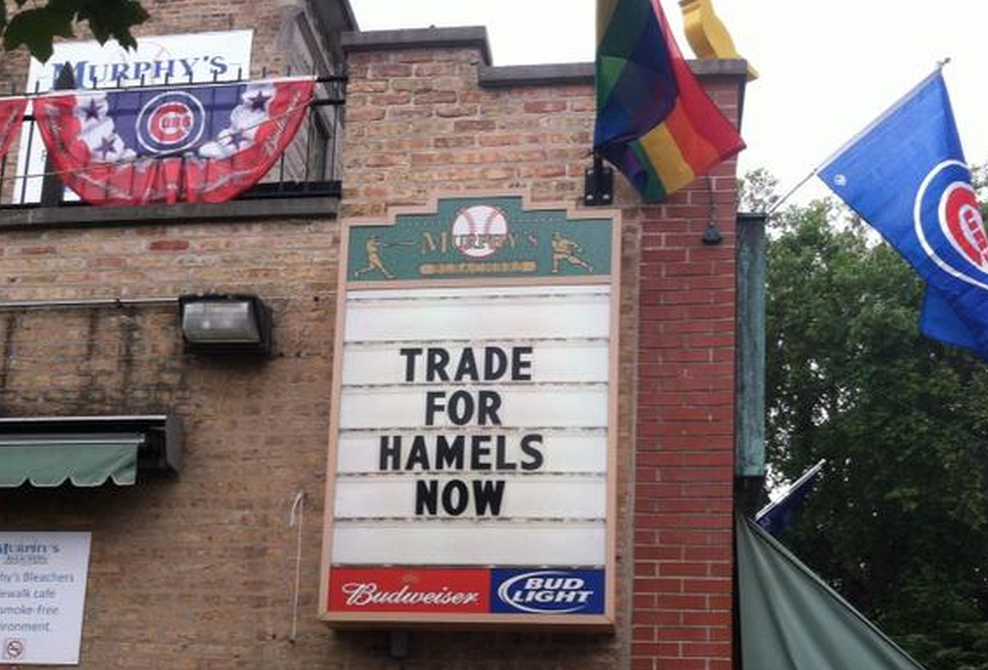 BleacherReport's tweet photo. Cubs fans REALLY want Cole Hamels after getting no-hit by Phillies ace http://t.co/BndN9YuCHj http://t.co/SqOEy7Ytsv