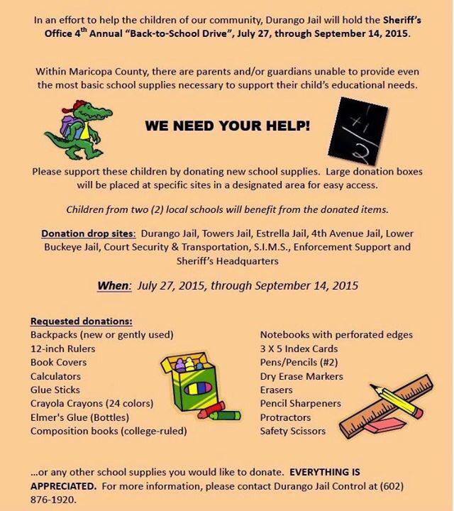MCSOCommunity's tweet photo. MCSO's annual Back to School Drive is launching. To help, please view the flyer for drop-off locations. http://t.co/KYk9lEZA9l