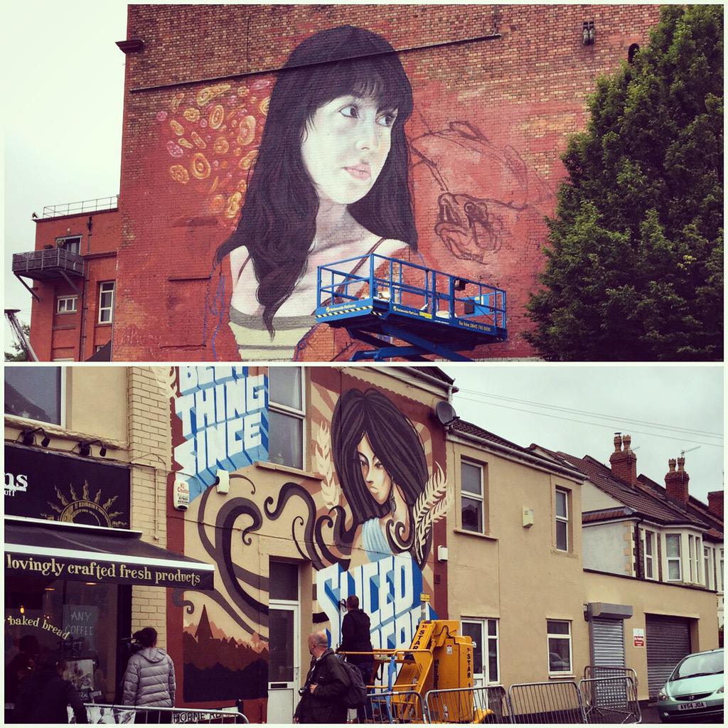 BrisHealthMag's tweet photo. Rainy little #Upfest2015 on North Street today #Bristol http://t.co/1ESL4TbsYq