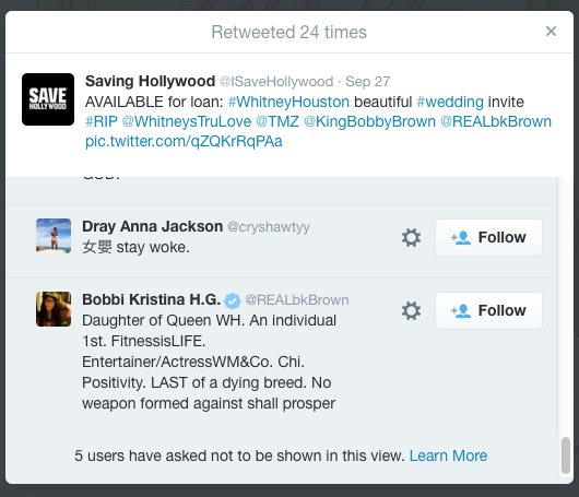 ISaveHollywood's tweet photo. #BobbiKristina was 1st to retweet our post of W.H #wedding invite we have for loan #RIPBobbiKristina @TMZ @TheInsider http://t.co/bAxnrU2r3F