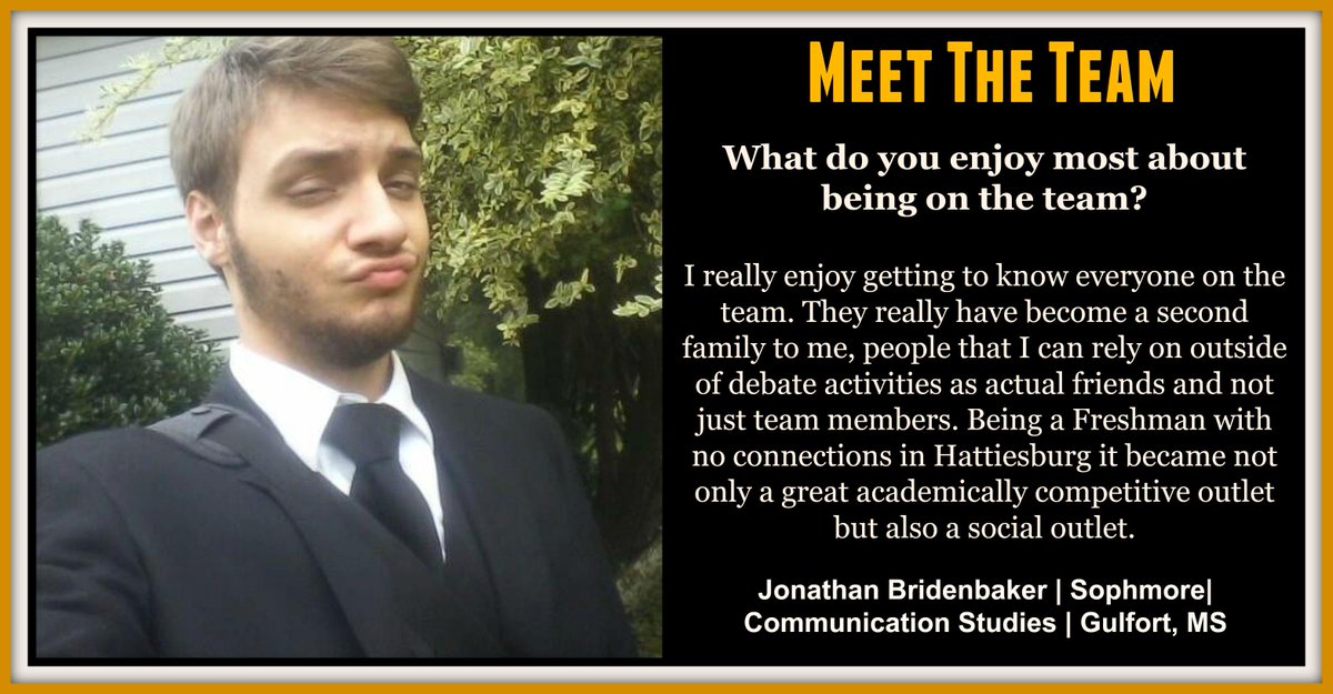 USMSpeechDebate's tweet photo. Today's "Meet the Team" member is our debate captain Jonathan Bridenbaker! Read what he enjoys most about the team! http://t.co/dYBEqyUOzg