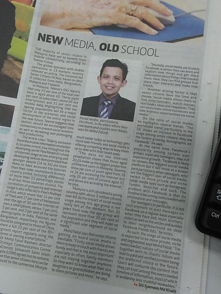 SyameenKhalili's tweet photo. #Socialmedia can give seniors positive vibes, says Dr @FaizalKasmani of #USIM #inNSTtoday http://t.co/nRZgb0idEX