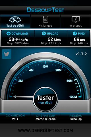 FERDAOUSSIMOH's tweet photo. Down/up: 6844/62 kbps, ping: 89 ms / wifi:Maroc Telecom / Apple #iPhone4S / #DegroupTest v1.7.2 / http://t.co/R3wyGH6arQ