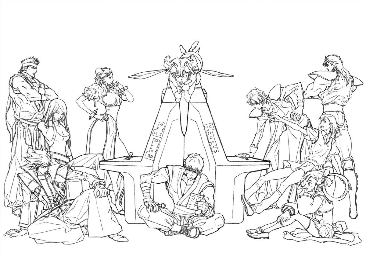 『ゲームと人々』のラフ
①キャラ把握して配置とかバランスとか決める
②個別に下書きを描いてスキャン⇒PCで大きさや配置を合わせる
③プリントアウトして鉛筆でトレス(この辺りでコイツ効率悪いなとお思い方多数だと思われますがその通りです) 