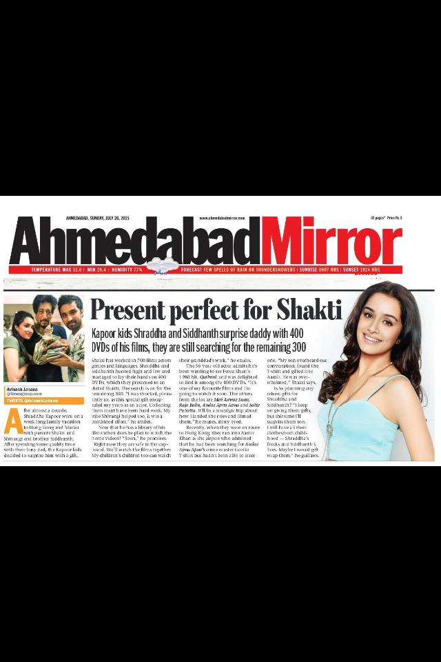 .<a href="/MumbaiMirror/">Mumbai Mirror</a> #Ahemdabad covers about #ShaktiKapoor receiving 400 DVD's from <a href="/ShraddhaKapoor/">Shraddha</a> n <a href="/SiddhanthKapoor/">Siddhanth Kapoor</a>
