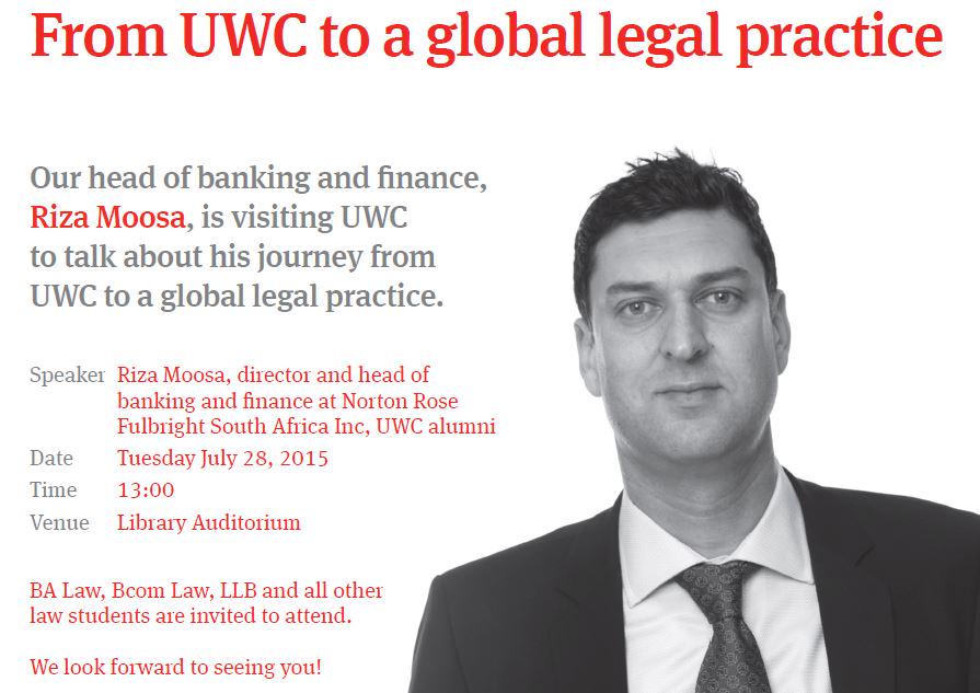NLawGrad's tweet photo. UWC students! Catch Riza Moosa tomorrow discussing his journey from UWC to global legal practice. http://t.co/pjCCNLdlLl