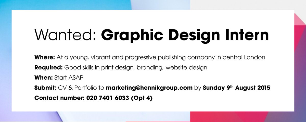 NickHussey_TM's tweet photo. Wanted: Graphic Design Intern for our London office! Interested? #jobs #tmjobs #intern #graphicdesign #ukmfg http://t.co/2slBA33HlY
