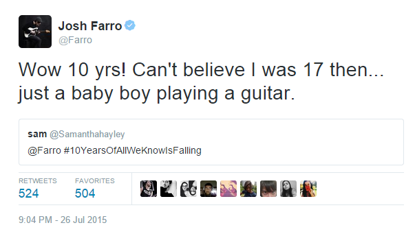 paramoremusicom's tweet photo. Josh Farro on #10YearsOfAllWeKnowIsFalling http://t.co/Dtd5vzmg1j