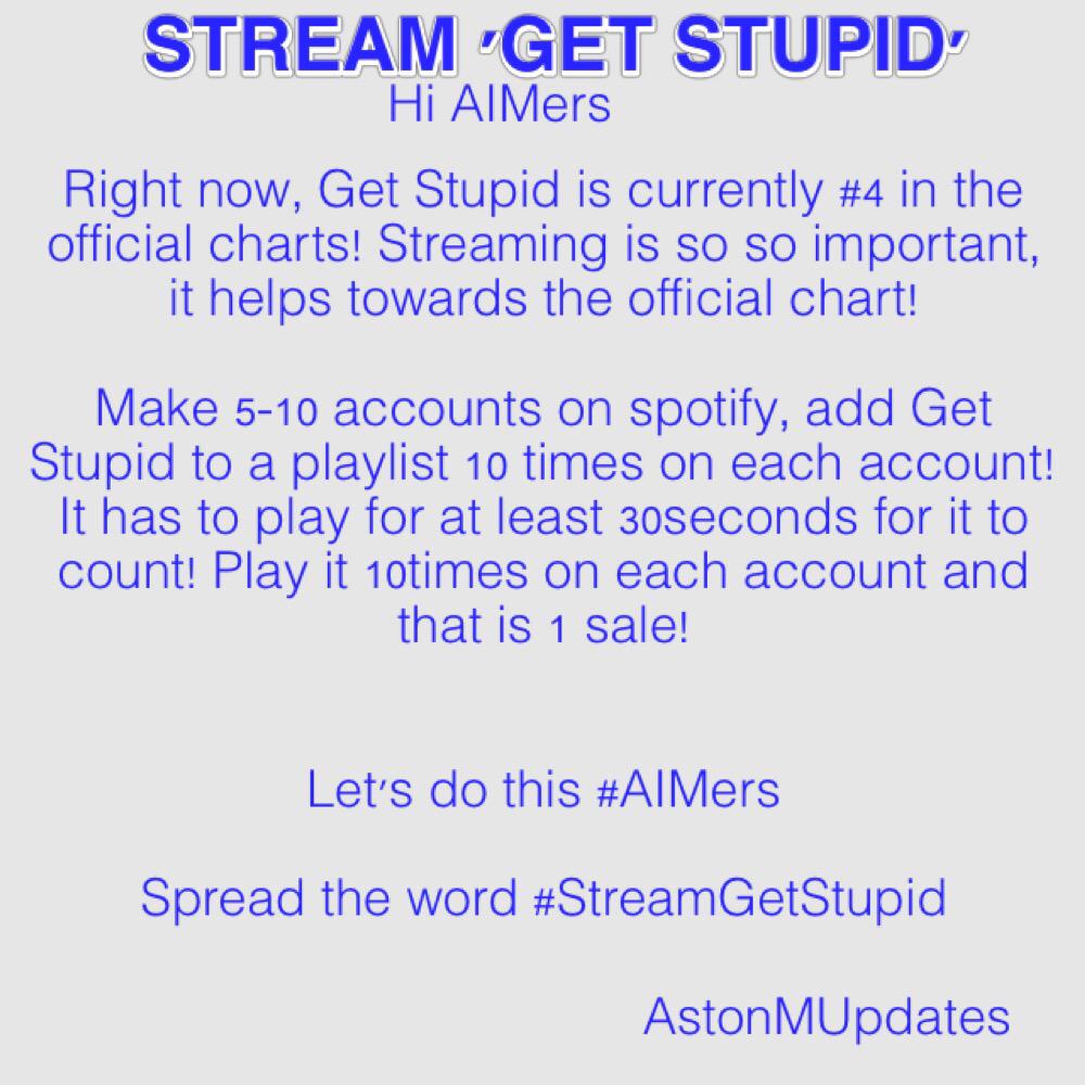 AstonMUpdates's tweet photo. GET STREAMING AND SPREAD THE WORD!!! We've dropped to #16 on midweek charts! http://t.co/vixi5e0uoH #StreamGetStupid http://t.co/vUnLhTgO1O