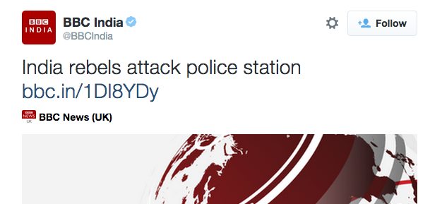 sanjeevsanyal's tweet photo. BBC reports on today's attack. Next time London gets bombed we should say: "British rebels inconvenience commuters" http://t.co/7VnW6dsRcW