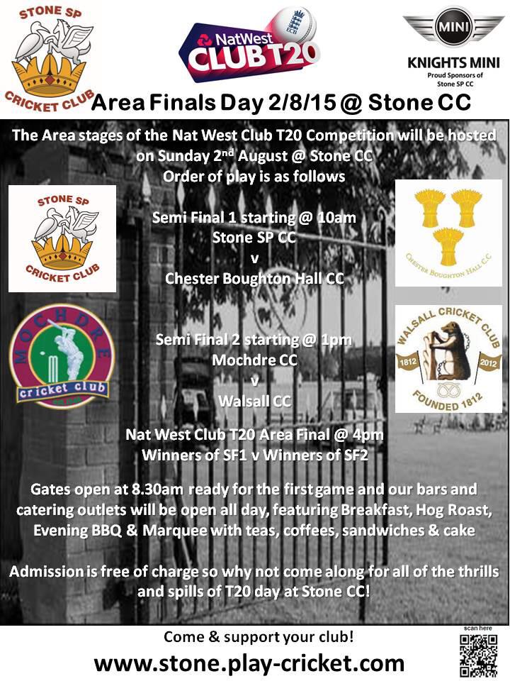 Come and join us for T20 Area Finals Day @ Stone CC on Sunday 2nd August <a href="/MochdreCricketC/">Mochdre Cricket Club</a> <a href="/CBHCC/">Chester BHCC</a> <a href="/WalsallCC/">Walsall Cricket Club</a> #boomboom