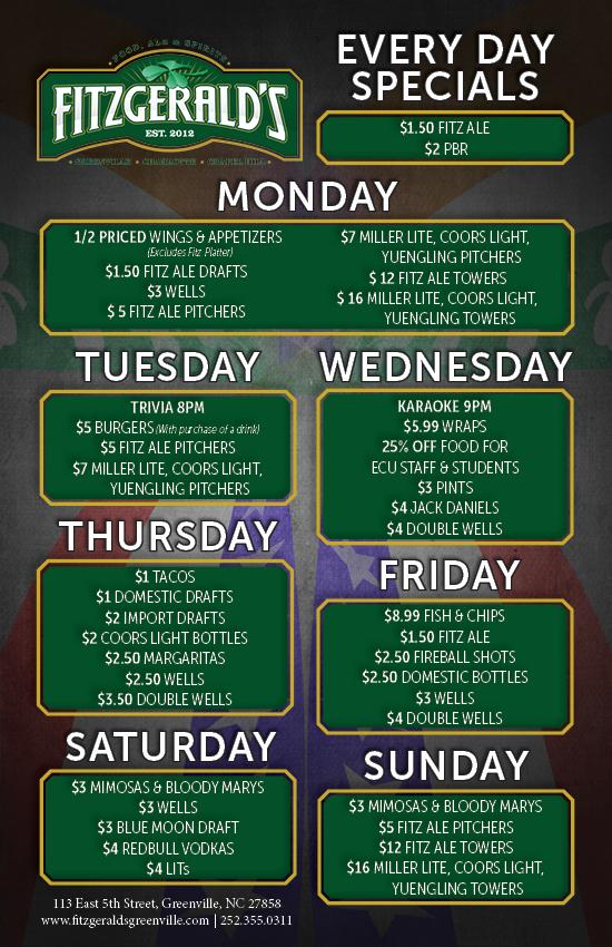 Fitzgeralds_ECU's tweet photo. We are starting our all new Fall specials TODAY! We brought back the tacos and added even more drink specials! http://t.co/02sNkXnhwo