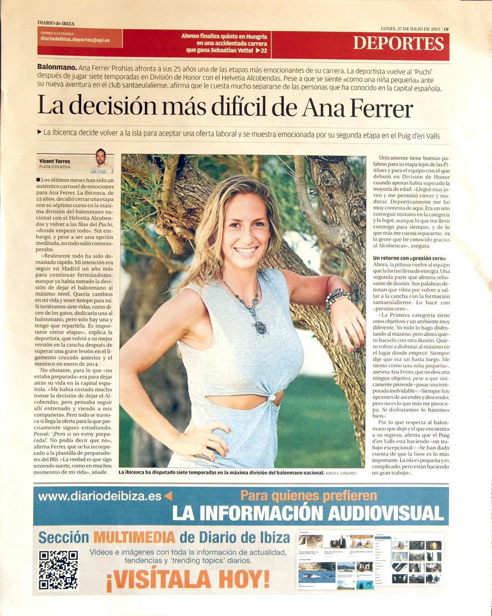 La decisión más difícil de Ana Ferrer <a href="/aferrer3/">Ana Ferrer Prohías</a> 
Diario de Ibiza
Edición impresa - 27/07/15
facebook.com/photo.php?fbid…