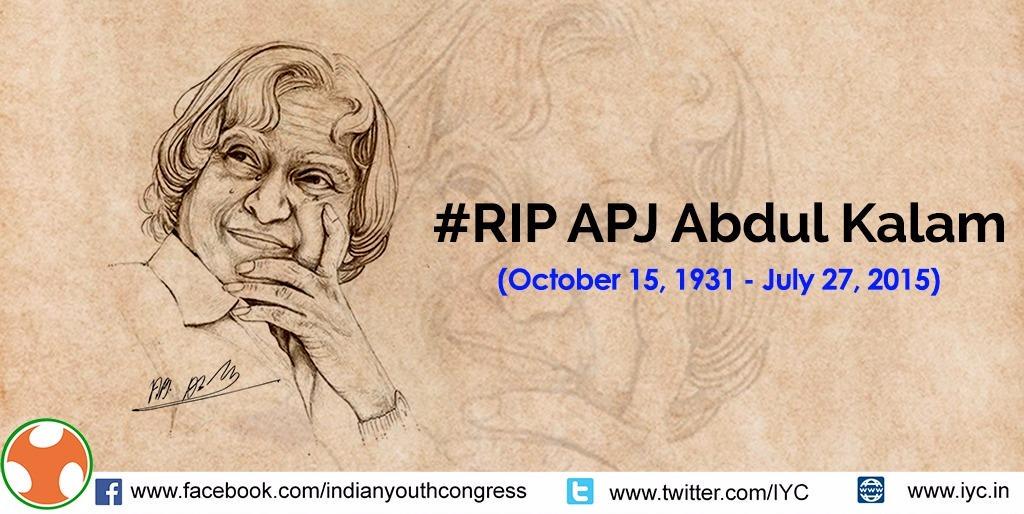 IYC's tweet image. With tears in eyes we pay tribute to Missile Man APJ Abdul Kalam who shaped India with his vision. 

RIP Sir