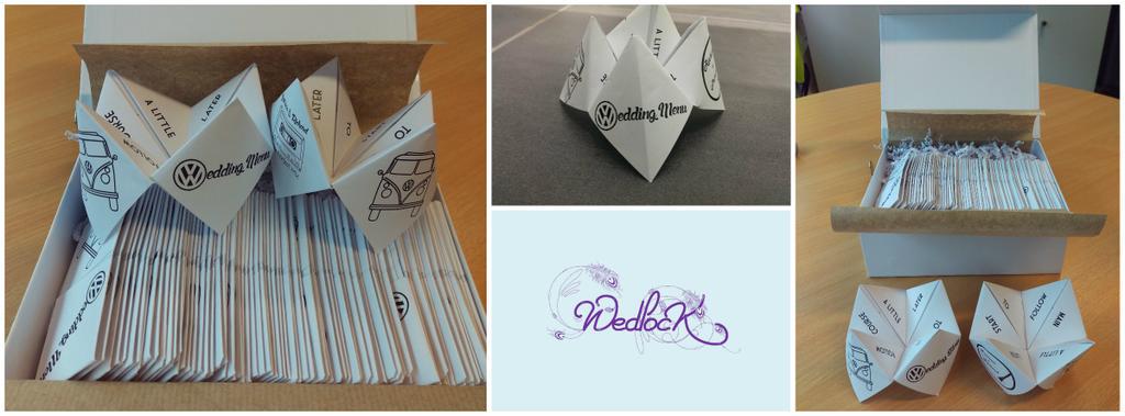 WedlockDesign's tweet image. DJ / VW themed #fortuneteller #wedding menus are winging their way to Limerick today #weddingmenu #design