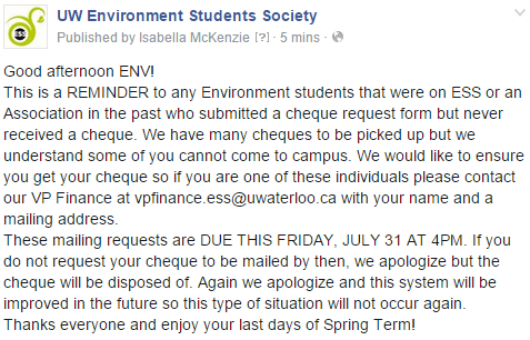 UWESS's tweet image. Reminder that mailing cheque requests are due this Friday, July 31 at 4PM.