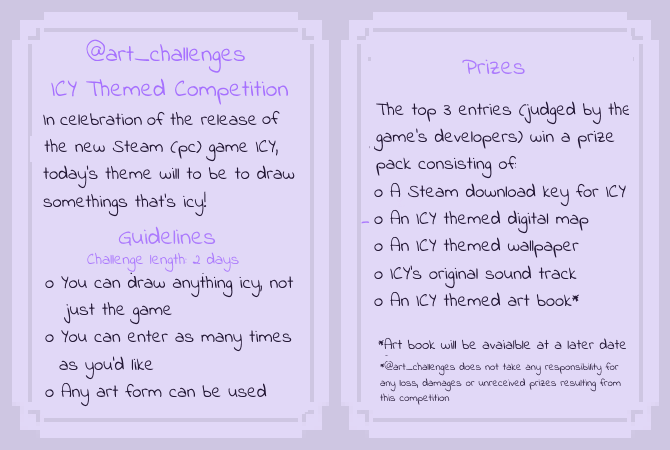art_challenges's tweet photo. Here's more details on our #icy themed art competition and it's prizes. The competition goes for 2 days =)! http://t.co/IHcZhT1UfF