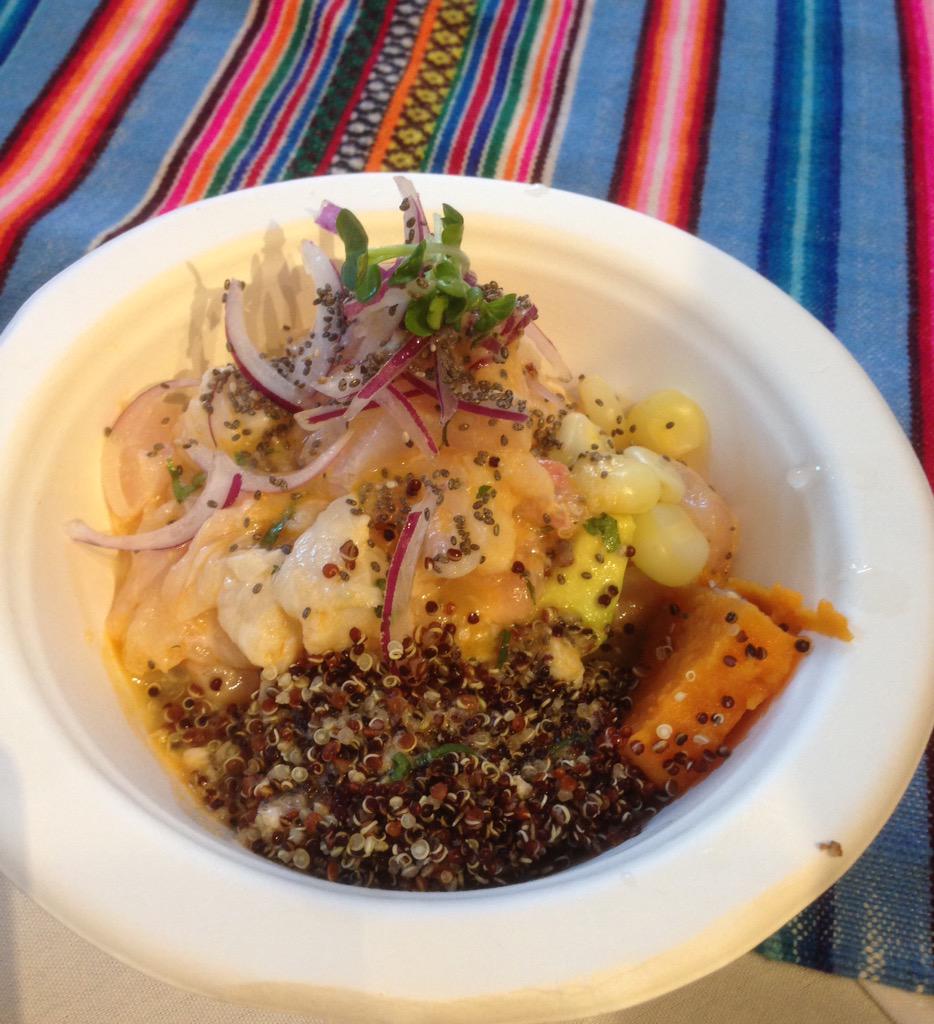 ChefJoshR's tweet photo. Cerviche at @ChelseaMarketNY #PeruShow #tambo #peruvian #fishcebiche #toastedquinoa #avocado #yams #microcilantro http://t.co/gzL7YQjWuW