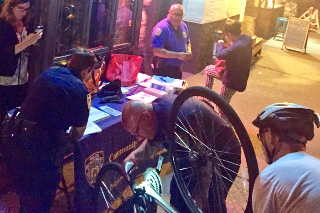 NYPDCommAffairs's tweet photo. Great job by #CrimePrevention, registering bikes at @BlackBearBKLN to deter theft & promoting safety with #OutSmartBK http://t.co/AScDsYGWXW