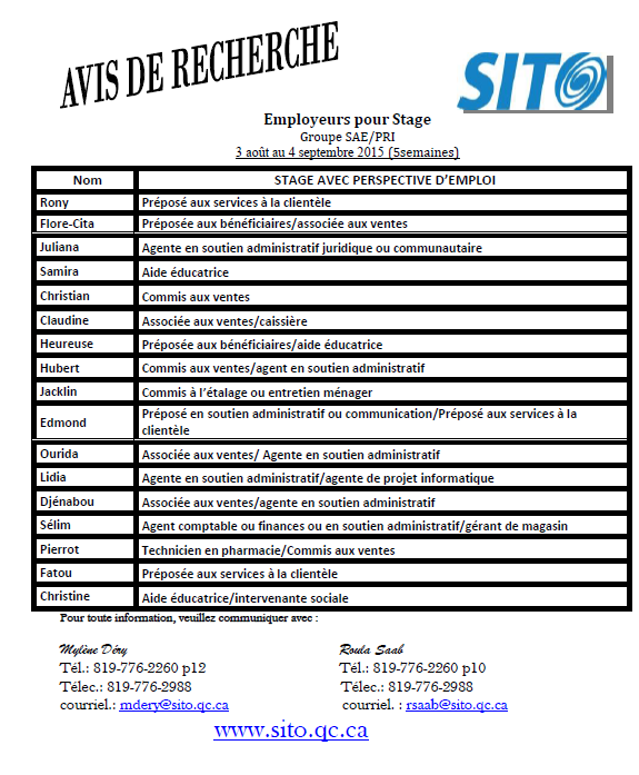 SITOGatineau's tweet photo. ATT #employeurs ne manquez pas l’opportunité d’avoir un #stagiaire qualifié. Voici la liste, contactez #SITO. http://t.co/ef5JsYsdFX
