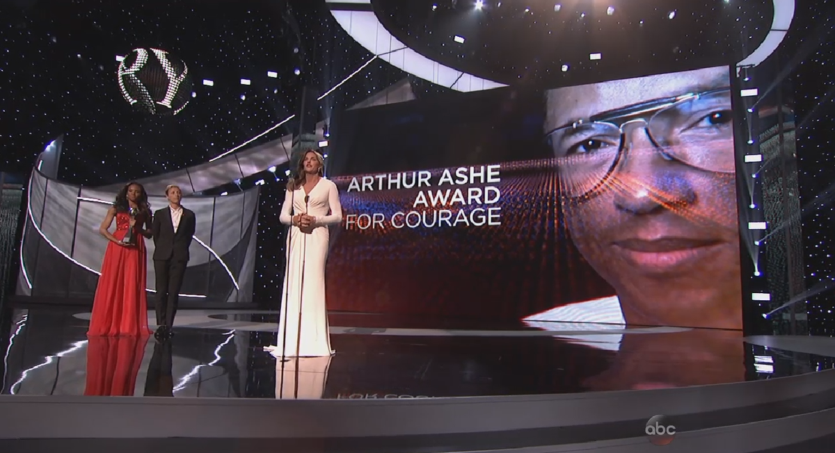 SportsCenter's tweet photo. "Trans people deserve something vital. They deserve your respect." - Caitlyn Jenner accepts Arthur Ashe Courage Award http://t.co/LQaPAN00aU