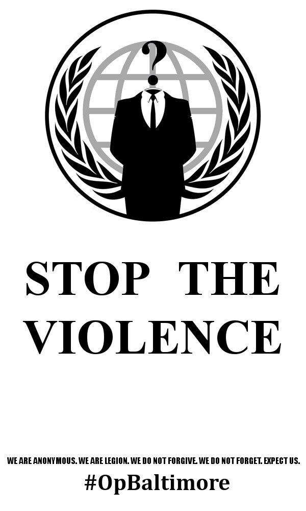 AnonOpBaltimore's tweet photo. Stop the Violence. | #Baltimore #OpBaltimore #Anonymous http://t.co/4POfkI3rlk