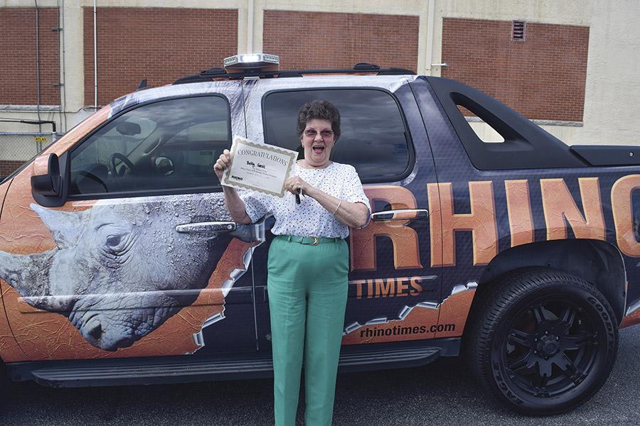 gborocash's tweet photo. Meet Betty Garcia, she won $500 in cash today simply by riding around with the Rhino Times Bumper Sticker on her car http://t.co/Qzq1NrMXFF
