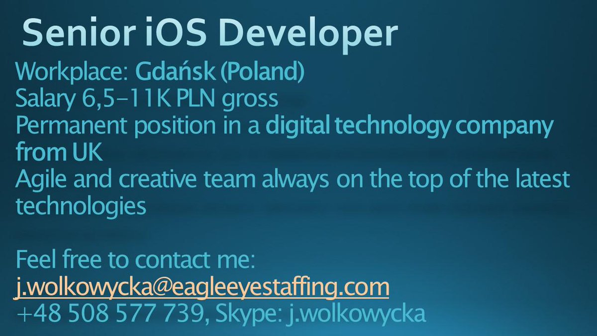 jwolkowycka's tweet photo. Join our Client as an #iOS #Developer in #Gdank Great development opportunities! Please retweet #iosdev http://t.co/AmyvJkJ57v