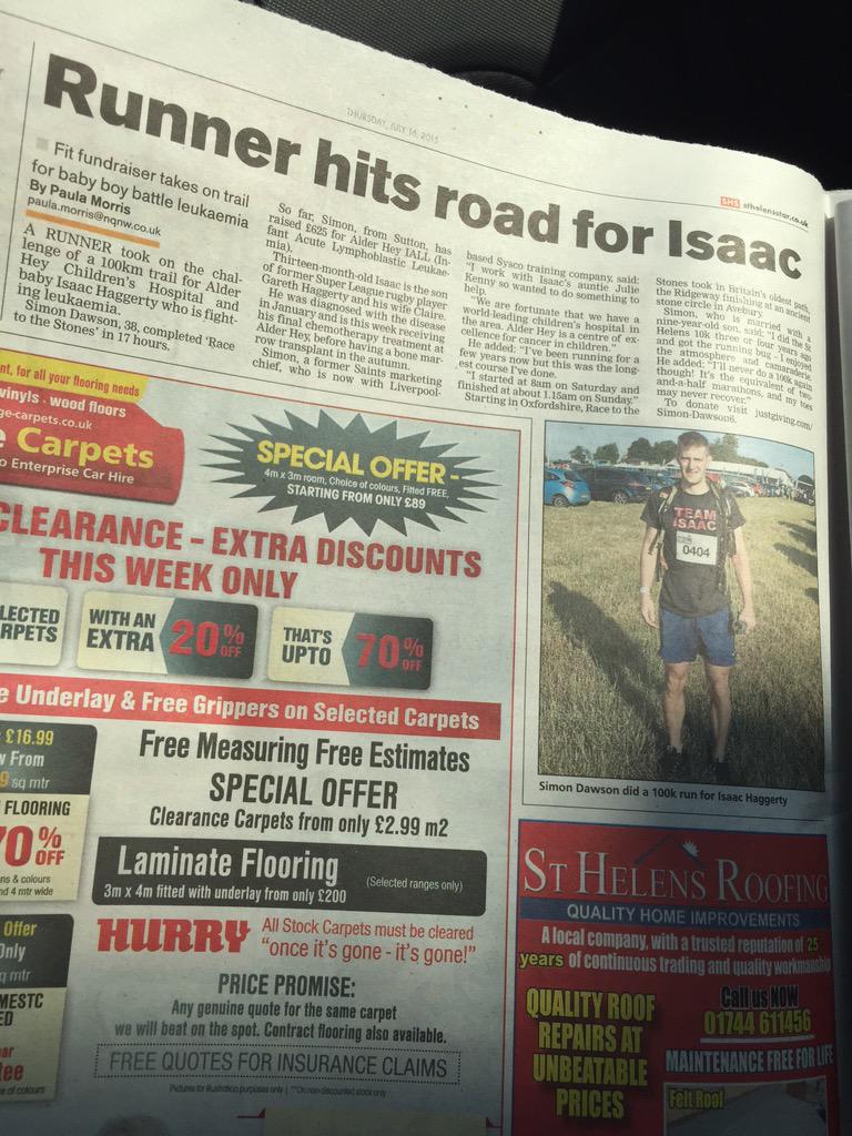 SiDawson76's tweet photo. We've made pg 28 of @sthelensstar @teamisaac2015 http://t.co/WWp2uhWuxL @RaceToTheStones http://t.co/13QHCvjAIp http://t.co/AhEMFaf98C