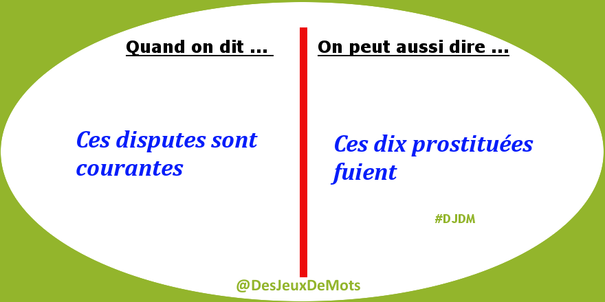 DesJeuxDeMots's tweet photo. Quand on dit : "CES DISPUTES SONT COURANTES", on peut aussi dire : "CES DIX PROSTITUÉES FUIENT".
#DJDM http://t.co/qxt4SMXoMc