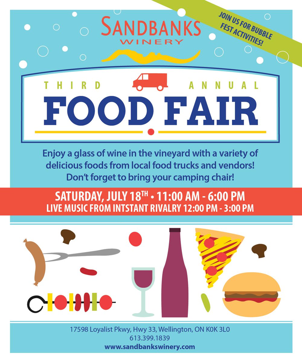 SandbanksWinery's tweet photo. This Saturday join us for our 3rd annual Food Fair! Local food trucks and vendors + live music from @InstantRivalry! http://t.co/xwLBj5TtHy