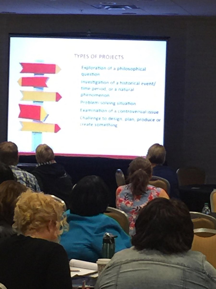 Michael102453's tweet photo. From BIE presentation at HSTW, types of PBL projects. Project drives learning, not just "dessert" at end #stallplc http://t.co/lIG9WwybIL