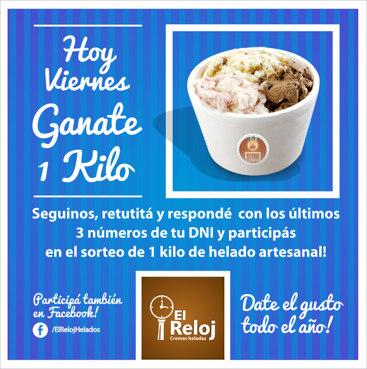 ElRelojHelados's tweet photo. #Hoy RT y participá del sorteo de 1 kilo de helado!. http://t.co/WgVgBtZ4kw