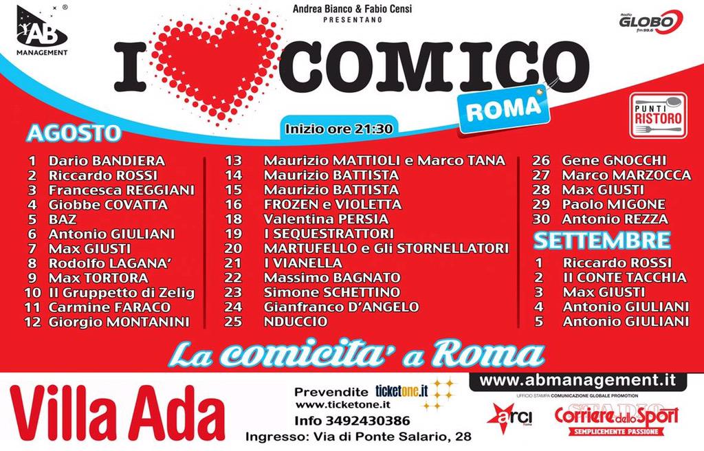 ABManagement1's tweet photo. #calendarioufficiale @ilovecomico #roma #estate #villaada #lacomicitáaroma #comico #sietepronti #date #estateromana http://t.co/OQdBaAgL3x